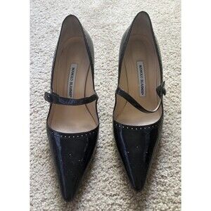 Manolo Blahnik Mary Jane Heels 39 Black Patent Leather Pumps Pointed Toe Button